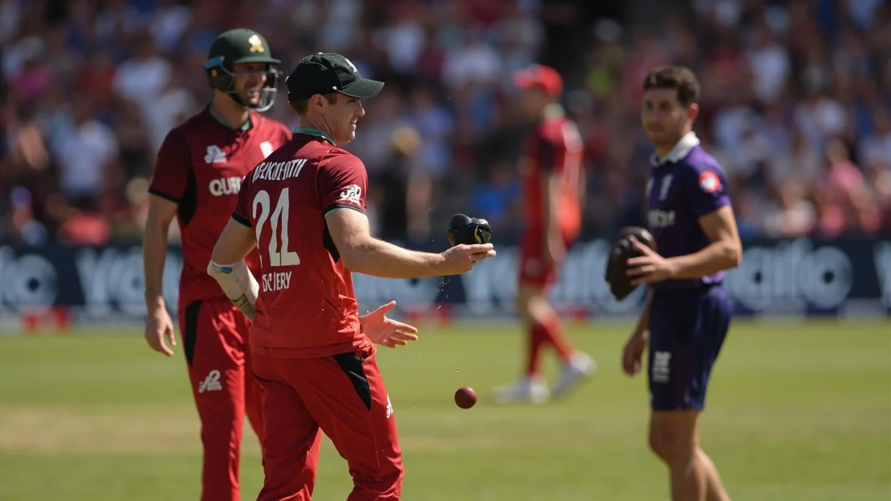 Medium tactical shot of a List A bowling field with fielders set and a left-arm seamer running in to the batter