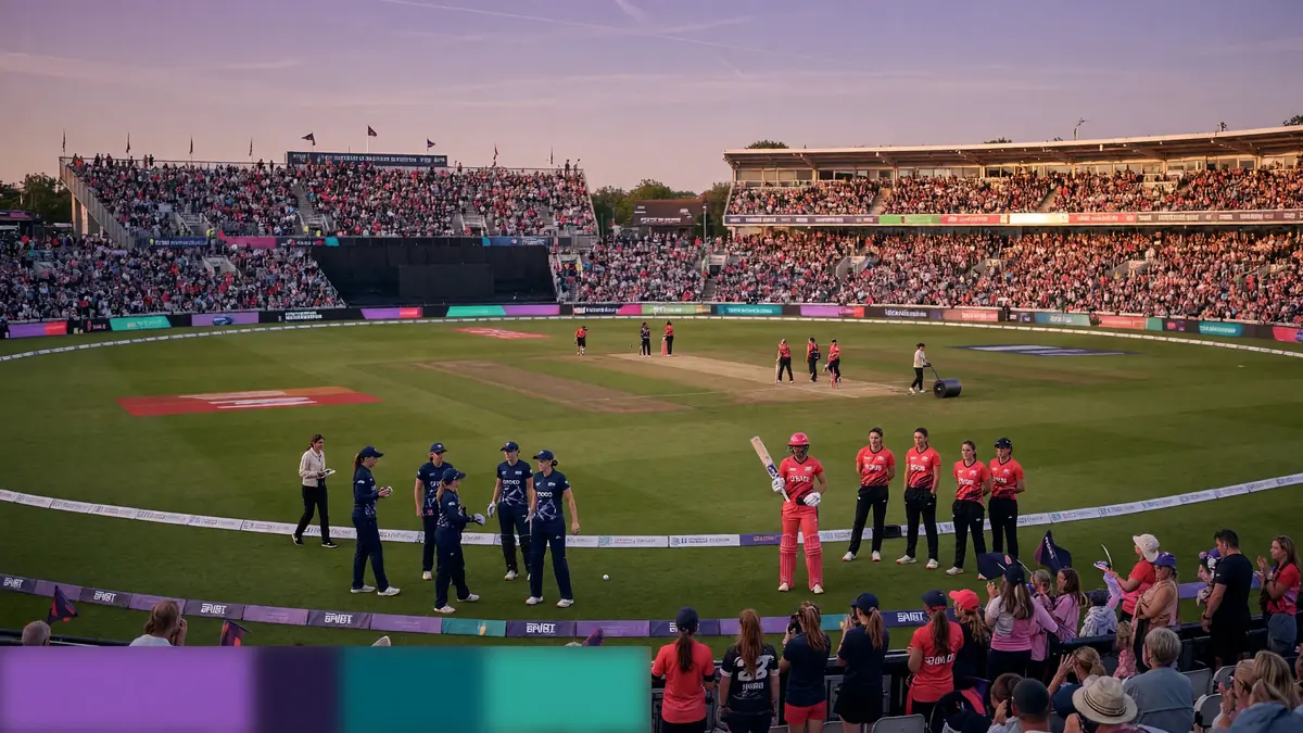 Wide evening view of Lord's Cricket Ground with crowd and outfield ahead of a Hundred women's fixture