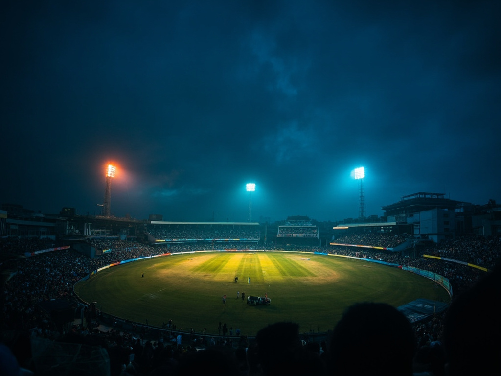 Indian cricket stadium at dusk for the multi-sport fantasy dashboard hero